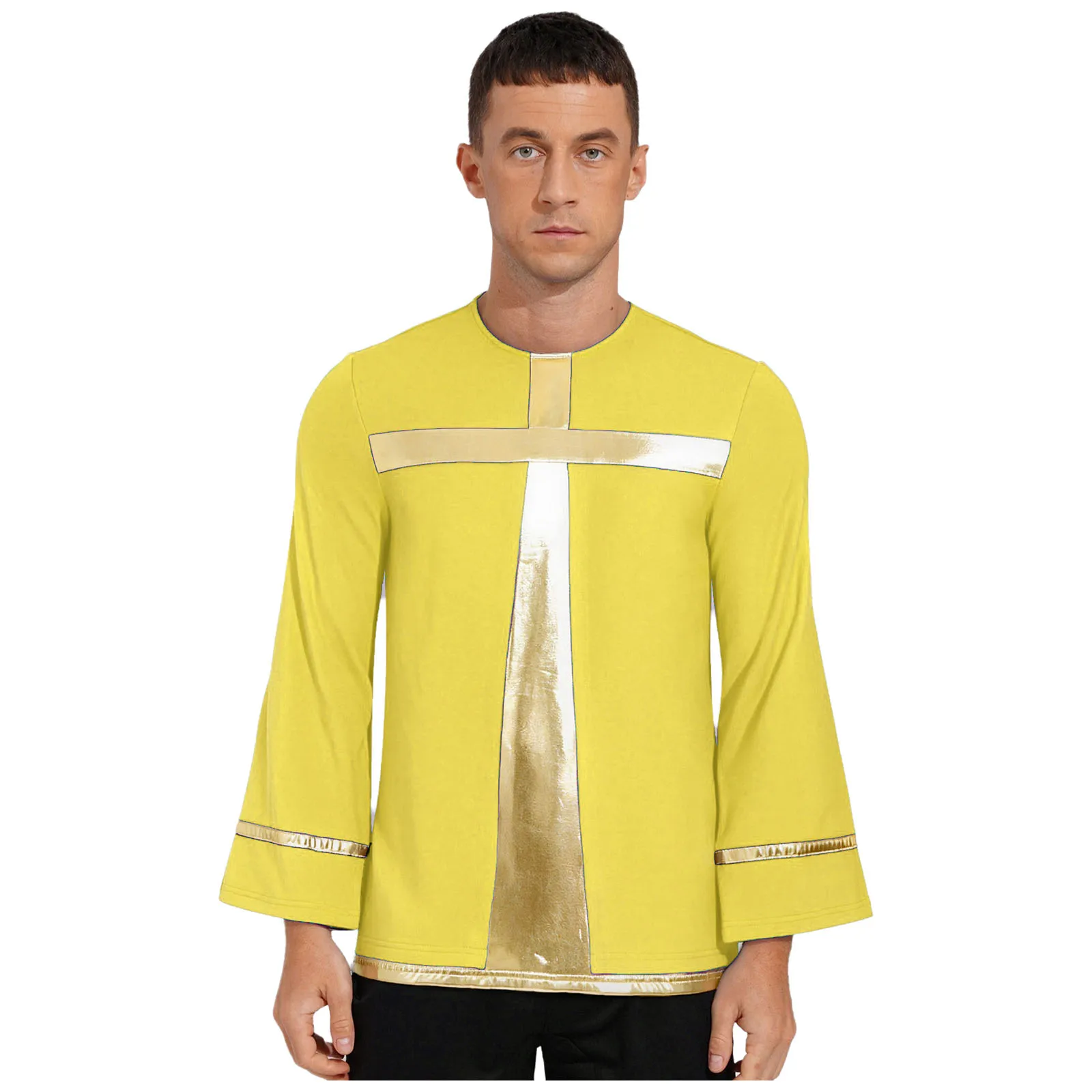 

Men's Liturgical Worship Dance Top Metallic Shiny Long Sleeve Pullover Tunic Shirt for Praise Church Choir Performance Tops