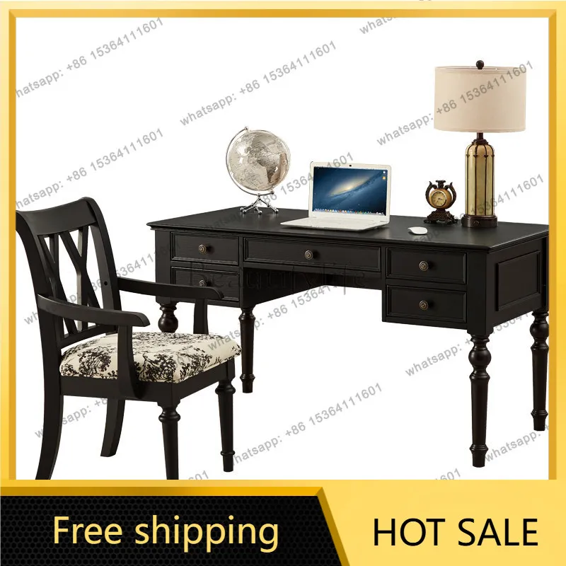 XX. French solid wood desk and chair, black retro simple computer desk