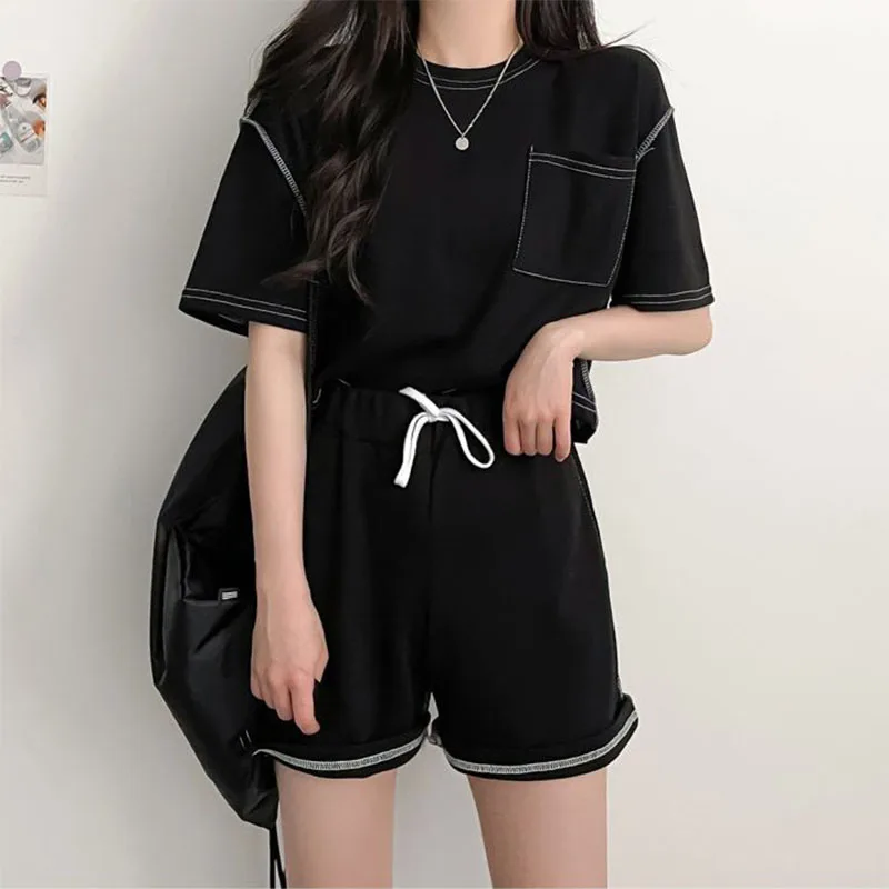 Two Piece Sets For Women O-neck T-shirts+Wide Leg Shorts Casual Tracksuits Solid Color 2024 Summer Female Korean Style Outfits