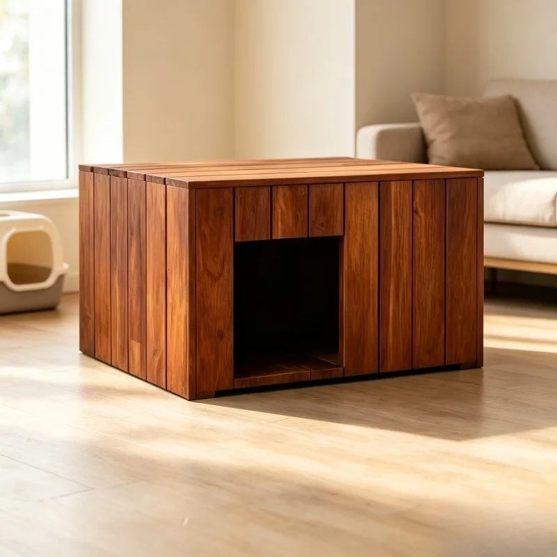 olid Wood Pet House, Carbonized Anti-Moisture Dog Cat House for All Seasons, Indoor Outdoor Use with Arc Doorway Sturdy
