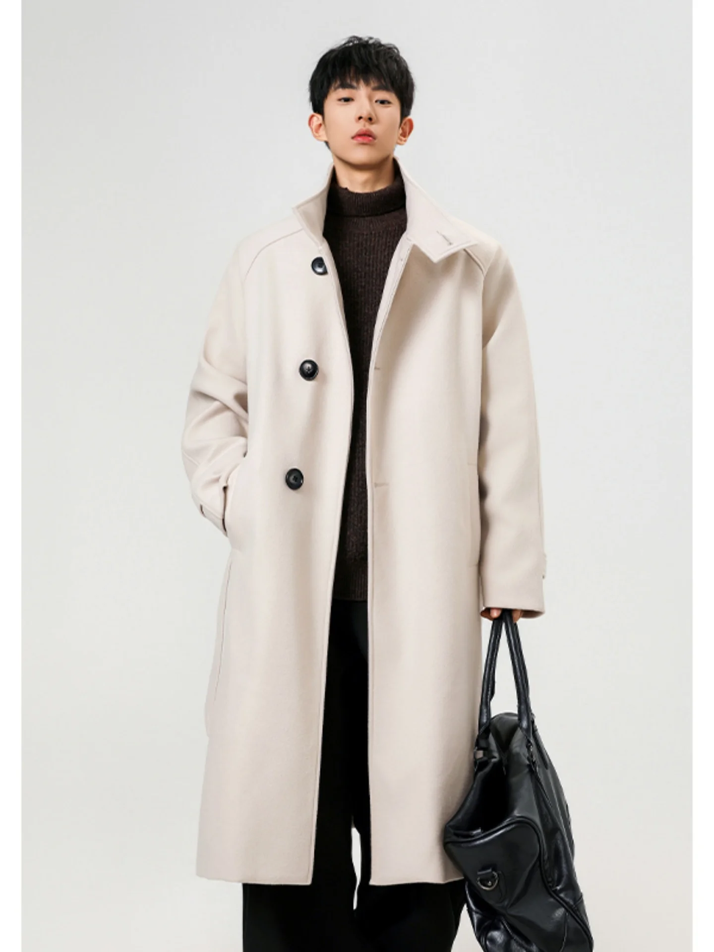 

Men's Mid-Length Woolen Coat Stand Collar Oversize Autumn Faion Briti Sle Windbreaker Polyester Fiber Single Button