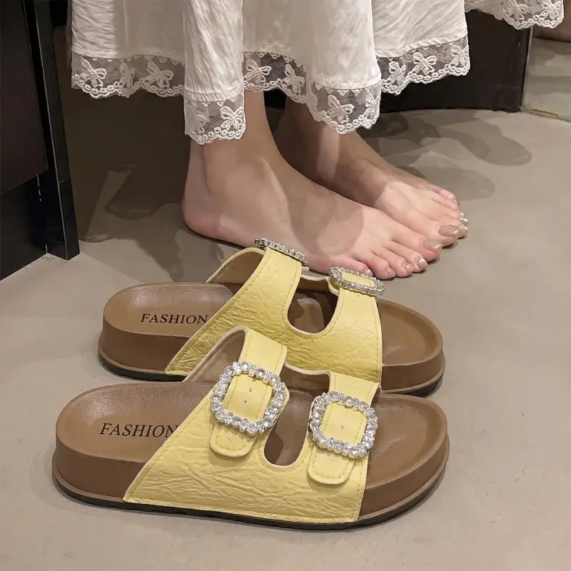 Rutschfeste, dicke Strandpantoffeln für Damen, Sommer 2026, Rhinestore-Schnallen-Plateau-Mules, glänzende Kristallsandalen für Damen – Detail 11