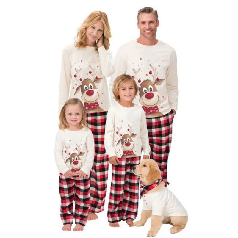 Parent-Child Plaid Long-Sleeved Long Pants Pajamas Set Round Neck Cotton Loungewear Family Matching Outfits Two-Piece Set