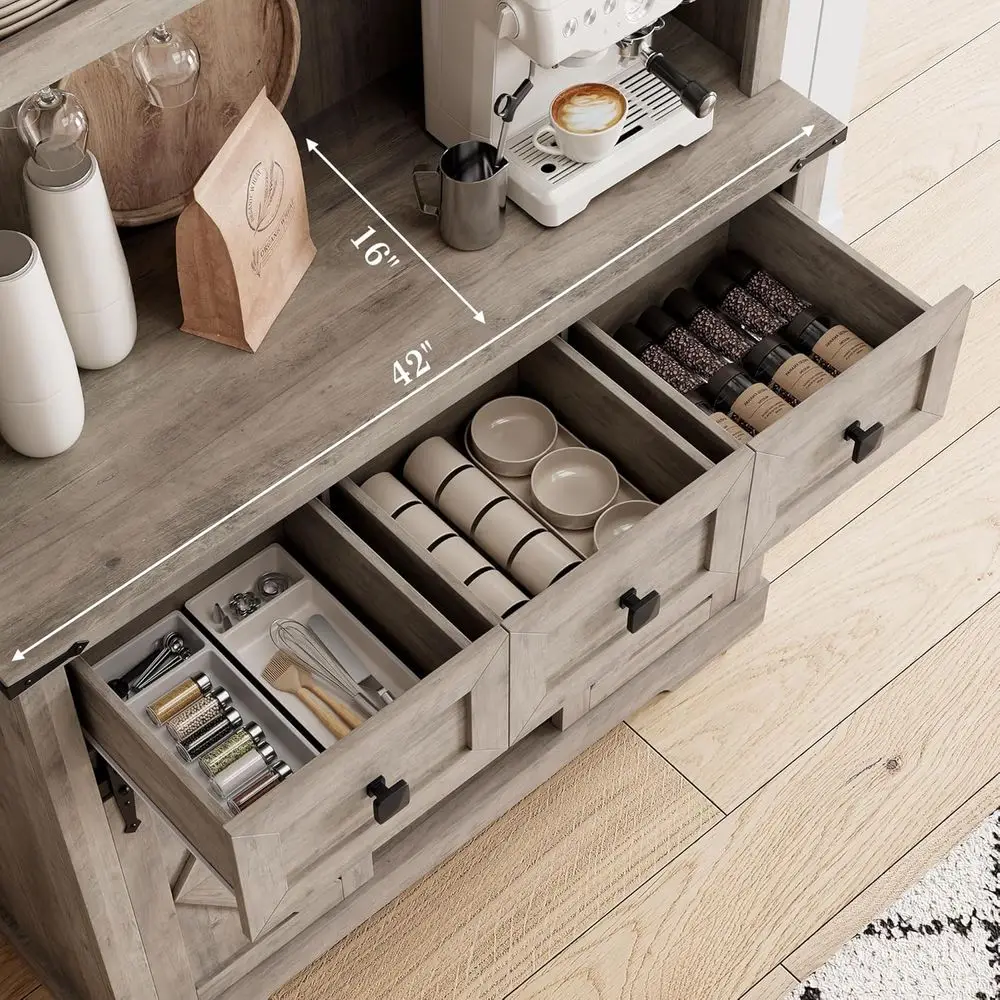 Lemari Bar Geser Rustic 72, Rak Dapur dengan Rak Anggur, 3 Laci, Bufet Ruang Tamu