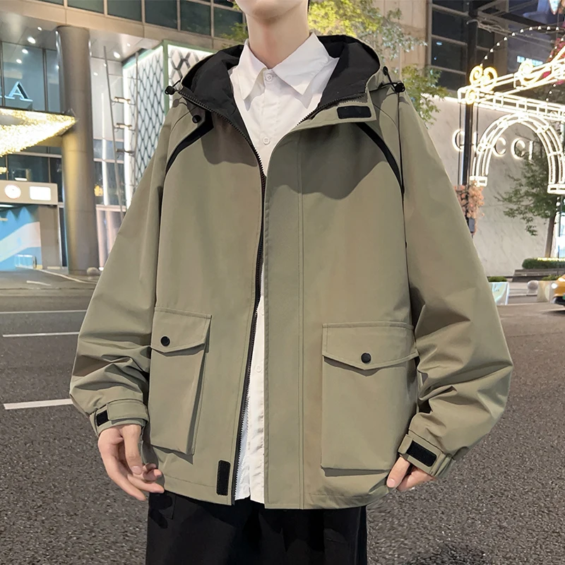 2025 New Spring Jacket Men Korean Fashion Unisex Hooded Windbreaker Multi-Pockets Casual Jackets Oversized Coat Plus Size 8XL
