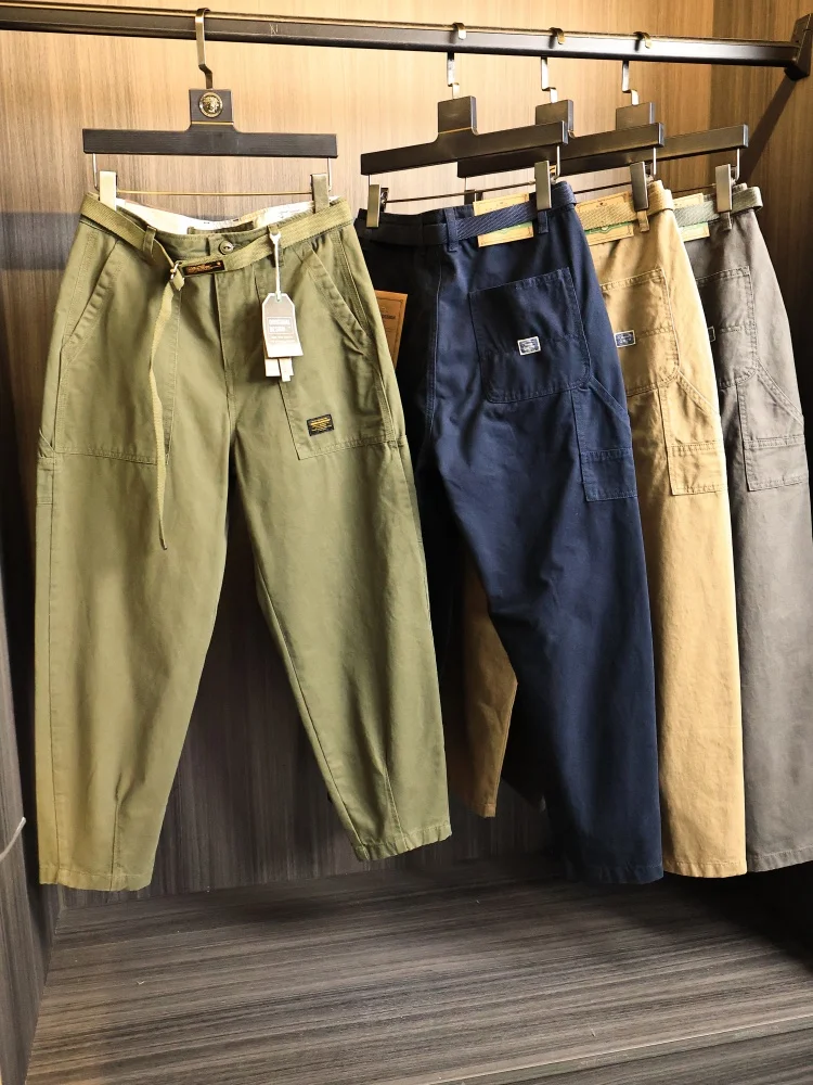 

Мужские повседневные брюки из 100% хлопка, прямого кроя, в винтажном американском рабочем стиле, с поясом, зауженные, модные, цветные