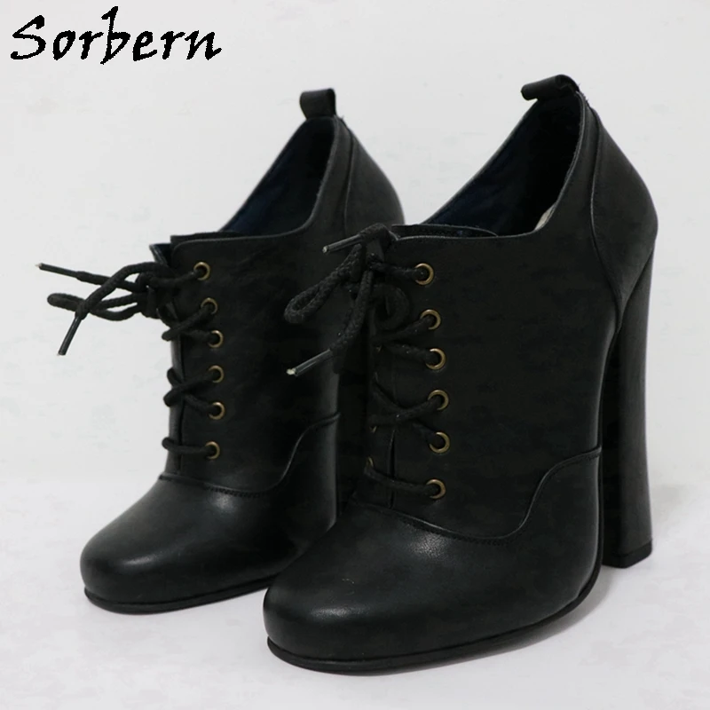 Sorbern Retro 16Cm Round Toe Women Pump Shoes Block High Heels Lace Up Ankle Lace Up Chunky heeled Custom Colors