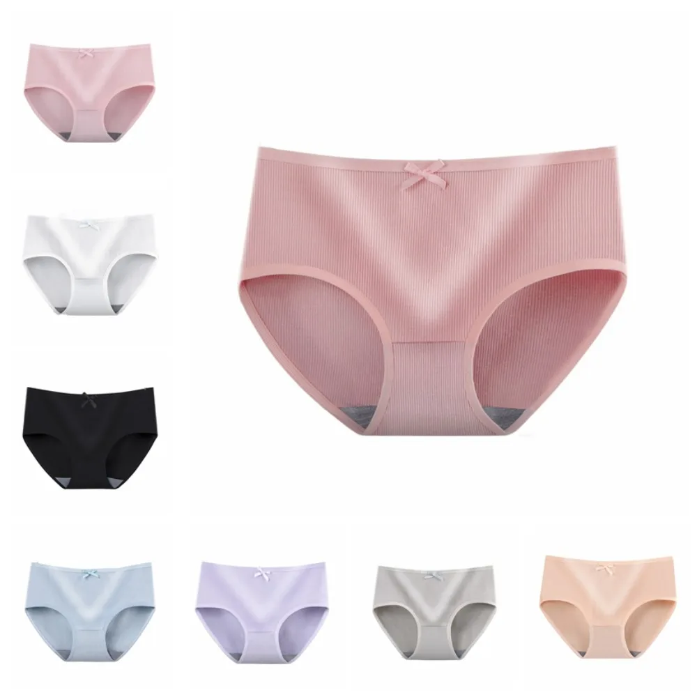 

8Pcs Breathable Bowknot Simple Underpants Mid Waist Panties Seamless Briefs Solid Color Cotton Crotch Underwear for Women Lady