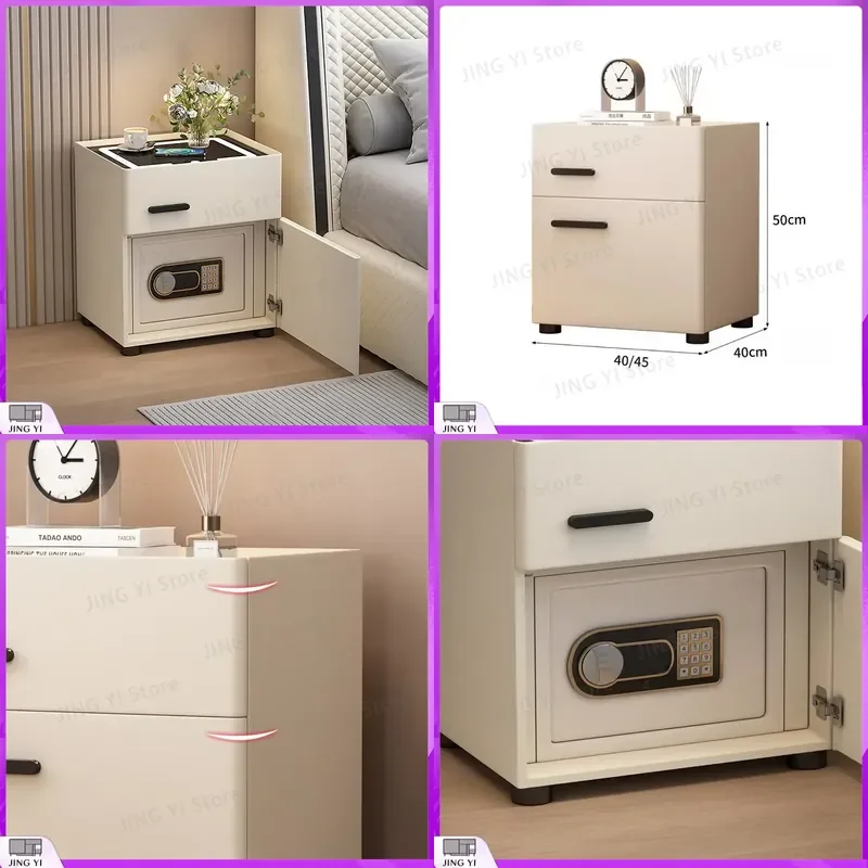 Modern Cream Nordic Minimalist Bedside Table with Lock Secret Compartment Safe Storage Nightstand for Bedroom Living Room