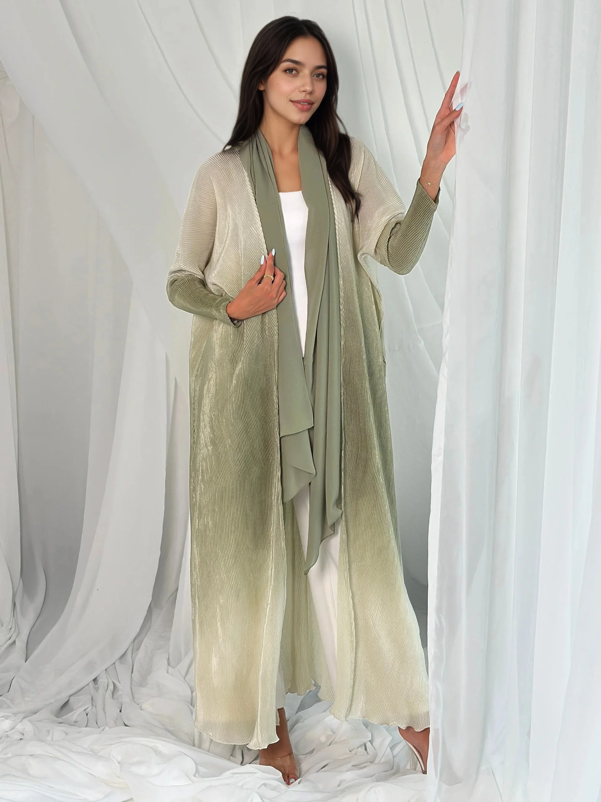 BWQ Sfumato Pieghettato Abaya Abito Lungo da Donna Elegante Modesto Islam Capispalla Rugoso Tessuto Sfumato per Occasioni Casual di Dubai