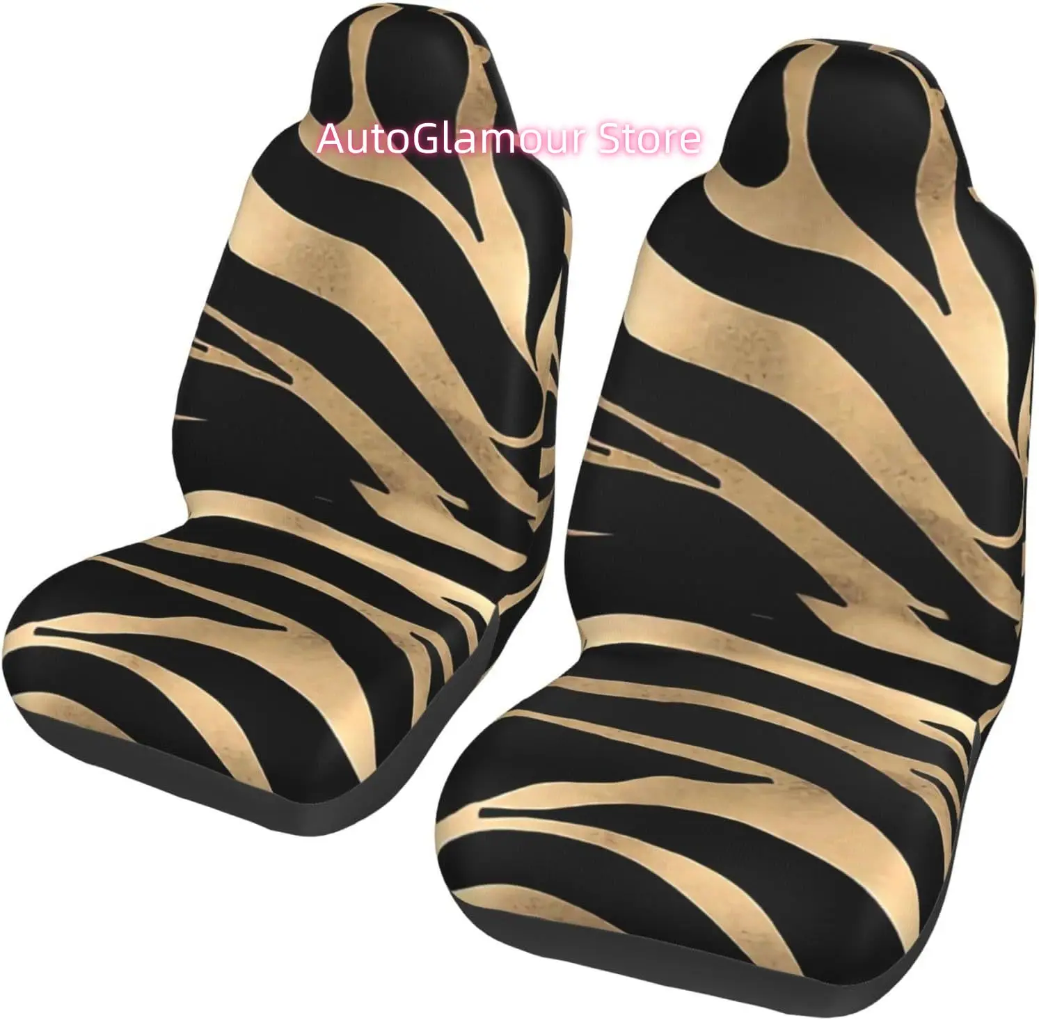 Elegant Metallic Gold Zebra Black Animal Print 2-Piece   Seat Cover Complete Set - Elastic Seat Protection Cover fo