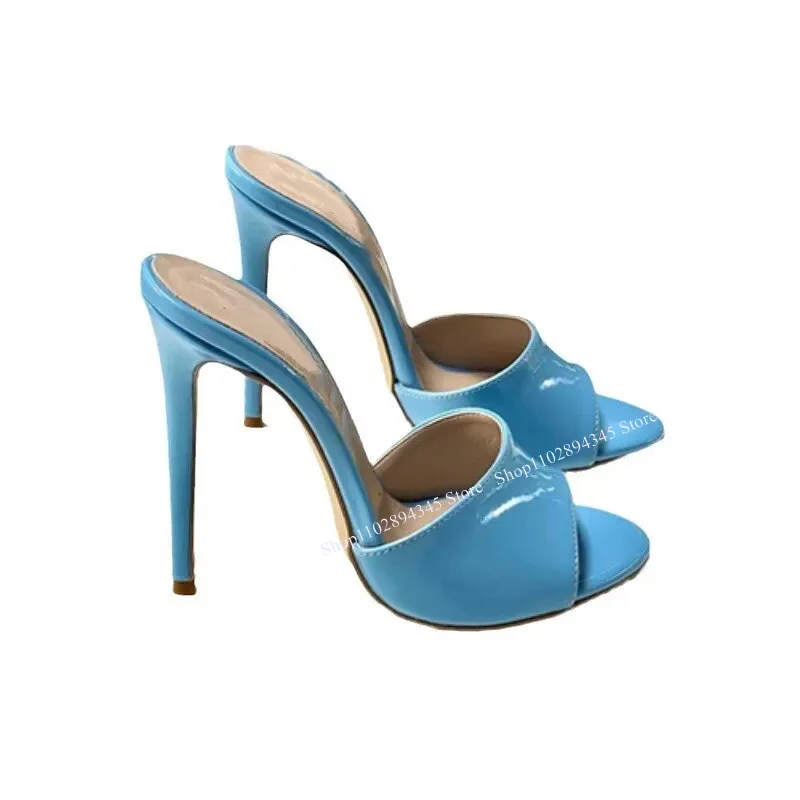 

Blue Slip On Patent Leather Slippers Peep Toe Thin High Heel Fashionable Sexy Novel Western Summer Woman Shoes Zapatillas Mujer