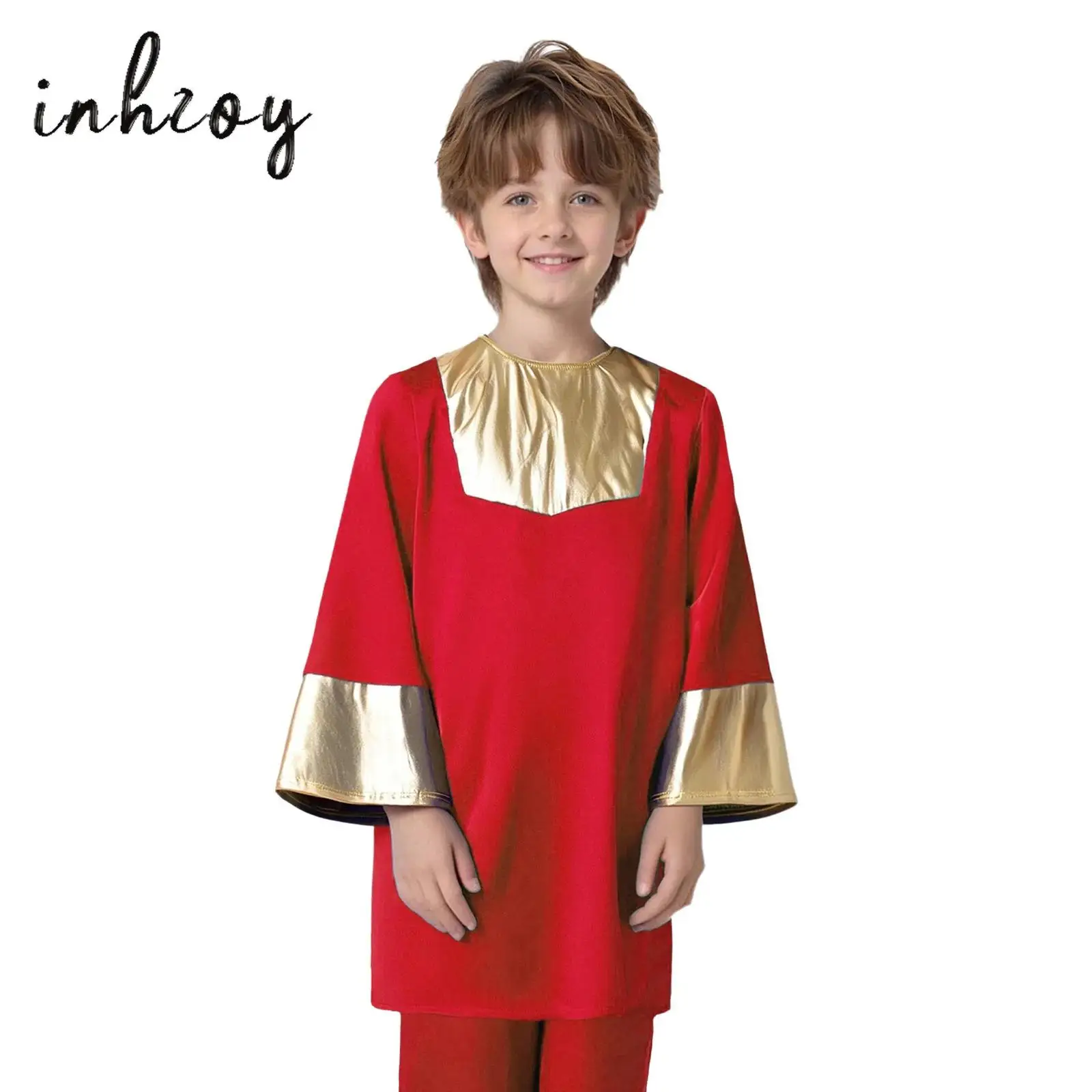 

Kids Boys Girls Worship Praise Dance Top Tunic Round Neck Long Sleeve Metallic Color Block Patchwork Robe Church Choir Costume