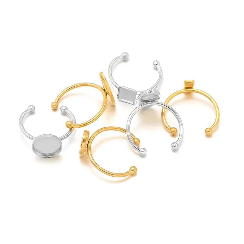 10pcs Stainless Steel Gold Color Open Ring Settings Blank Cabochon Base Tray Rings for DIY Fashion Rings Supplies Jewelry Making
