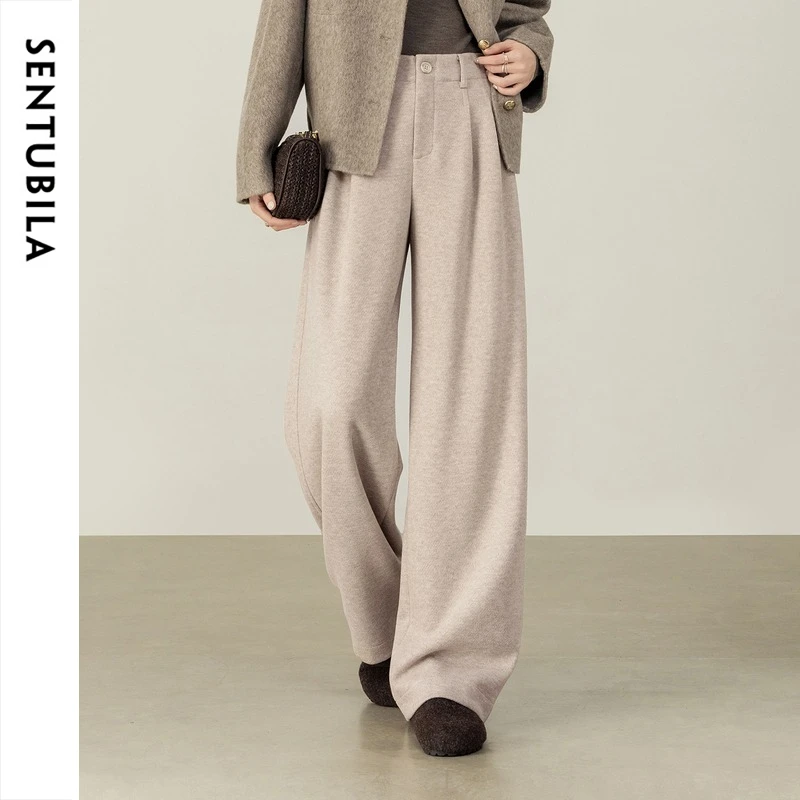 SENTUBILA Women's Knitted Pants 2026 Autumn Elastic Waist Straight Trousers Pockets Commute Versatile Commute Pants 154K58922