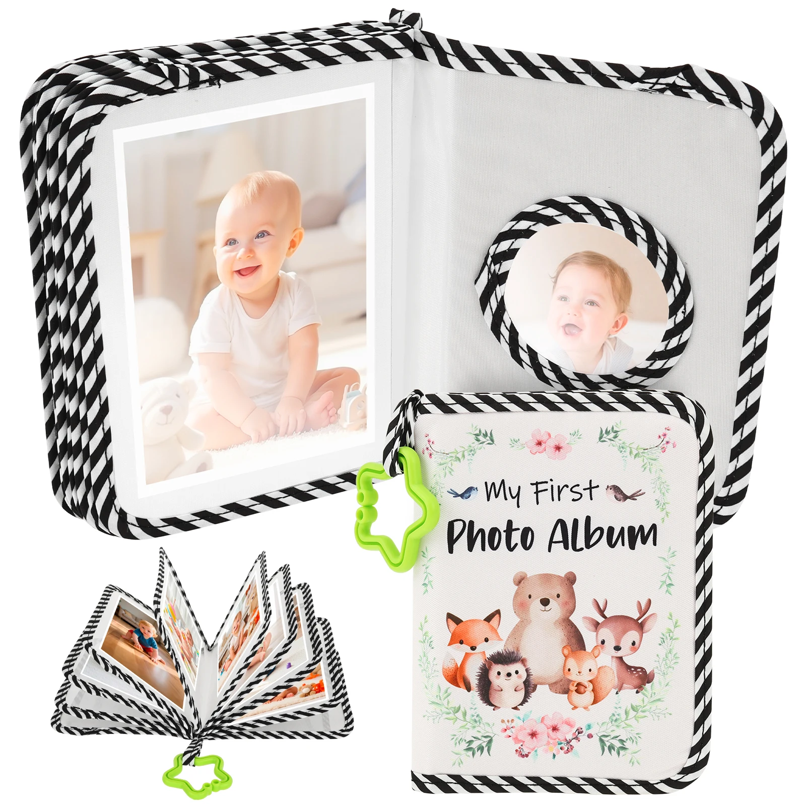 Soft Cloth Baby Photo Album Safe Baby Memory Album Book with Mirror and Hook Cute Newborn Family Memory Picture Book Holds 17