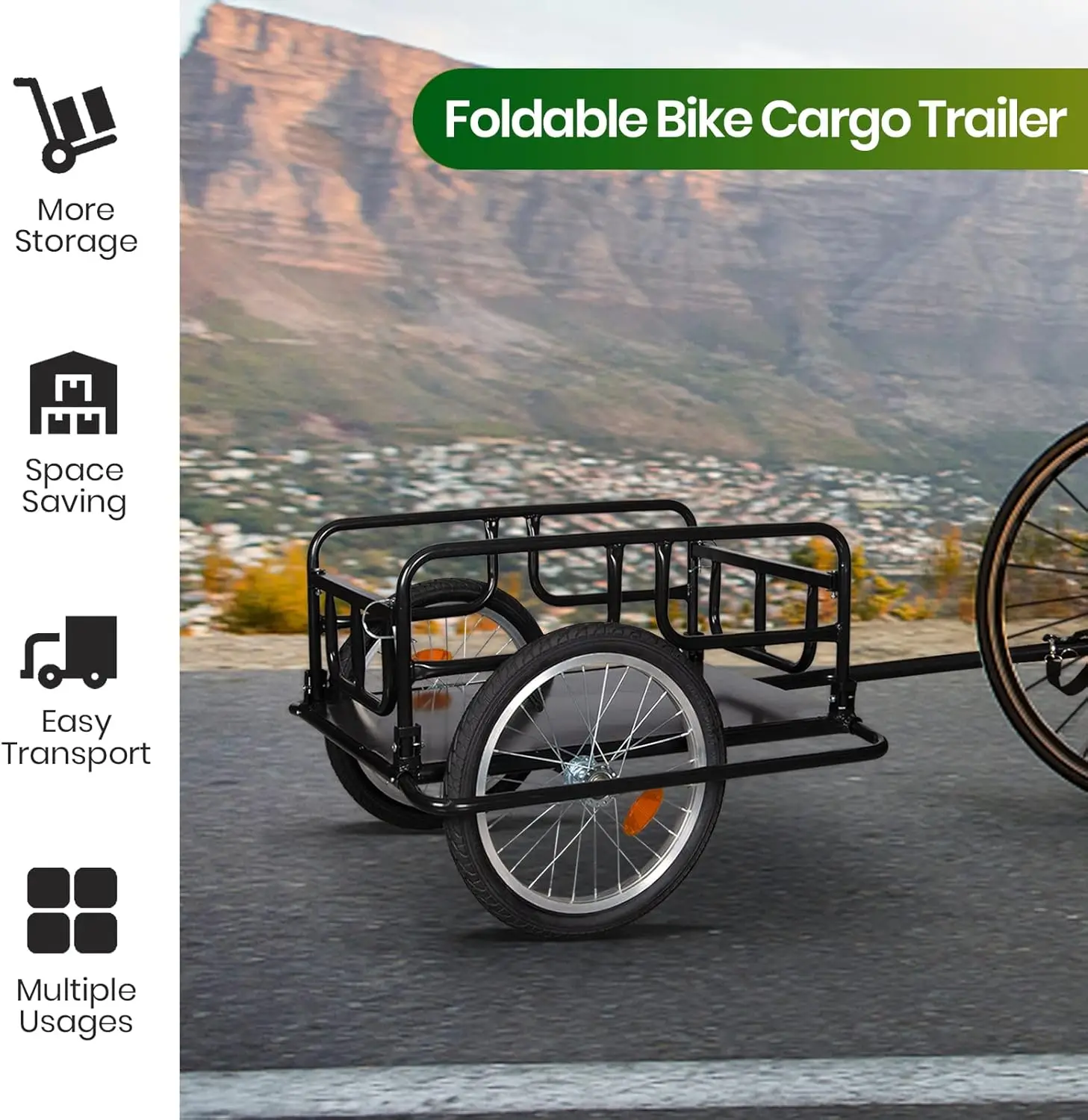 Bike Cargo Trailer w/Universal Bicycle Coupler, 16'' Wheels, Foldable Bicycle Cart Wagon for Carrying Groceries, Luggage, Tools