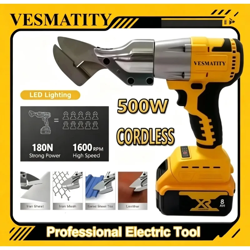 Brushless Cordless Sheet Metal Shears 20V 500W Metal Cutting Tool Power Shears for Roofing HVAC Duct Work Plate Cutter LED Light