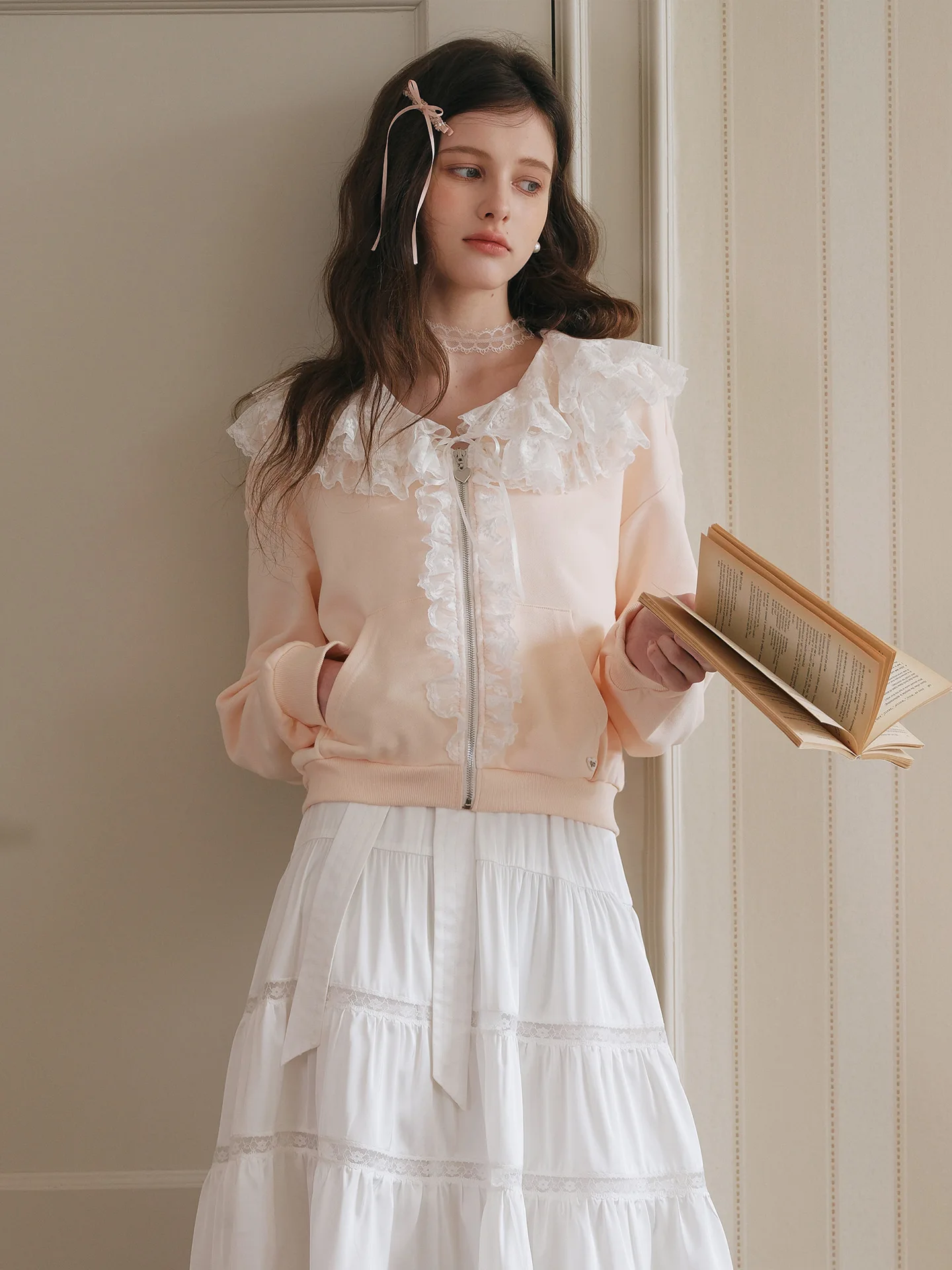 Pink Lace Trim Zipper Hoodie Double Layer Women's Spring Fashion Outerwear Standard Fit Commute Style Long Sleeve Cotton Coat