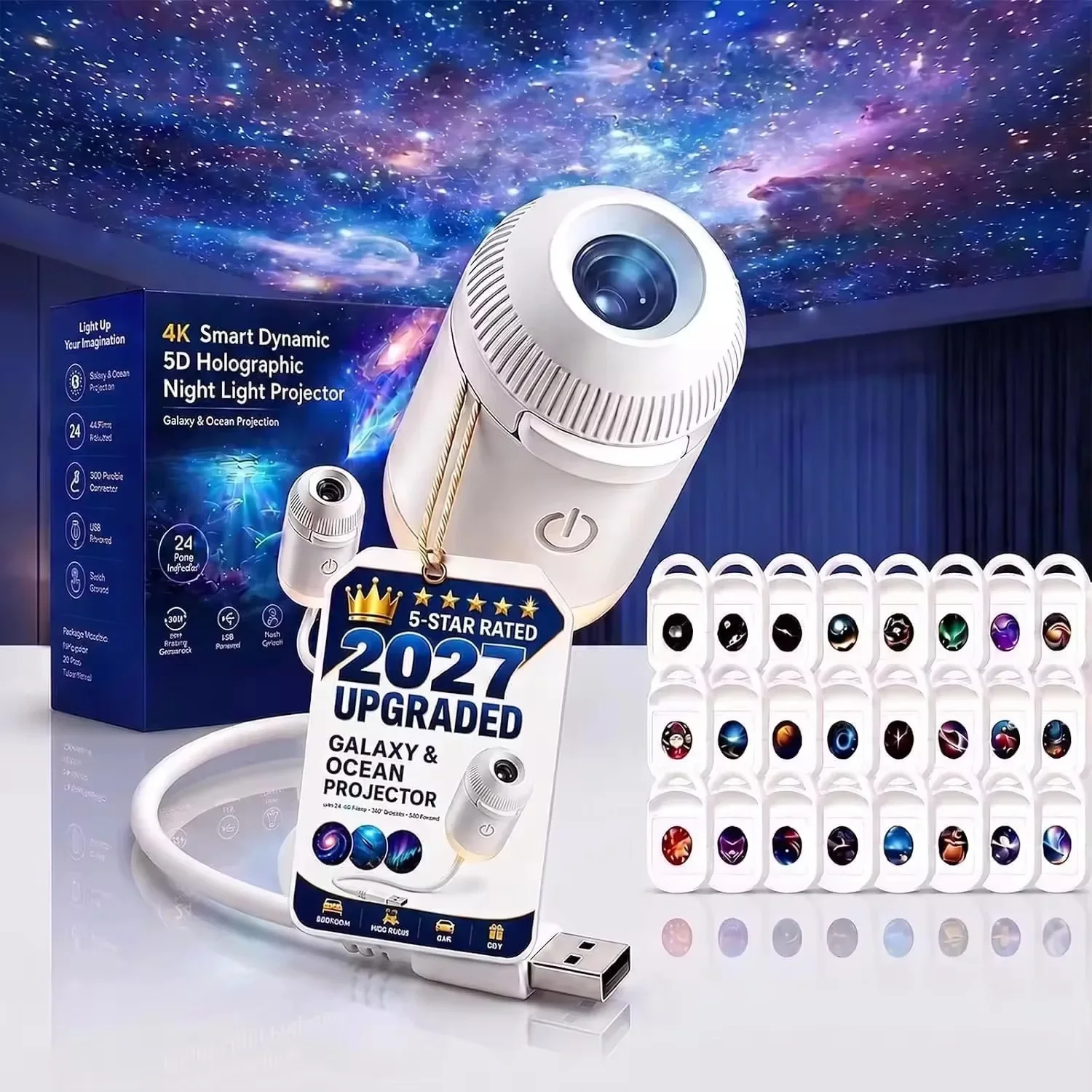 USB Starry Sky Projector Night Light 360° Adjustable Galaxy Atmosphere Lamp for Car Interior Home Bedroom Romantic Nightlight