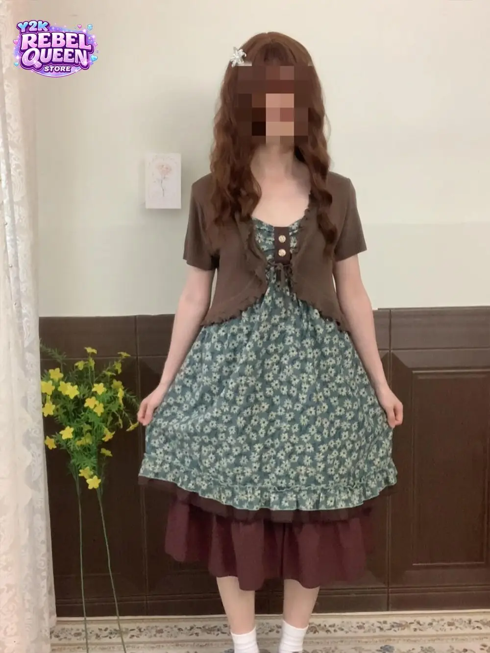 Vintage Sweet Camisole Dress Set Women Ditsy Floral Print Spaghetti Strap Ruffle Hem Cropped Cardigan Slim Fit Dress Midi Casual