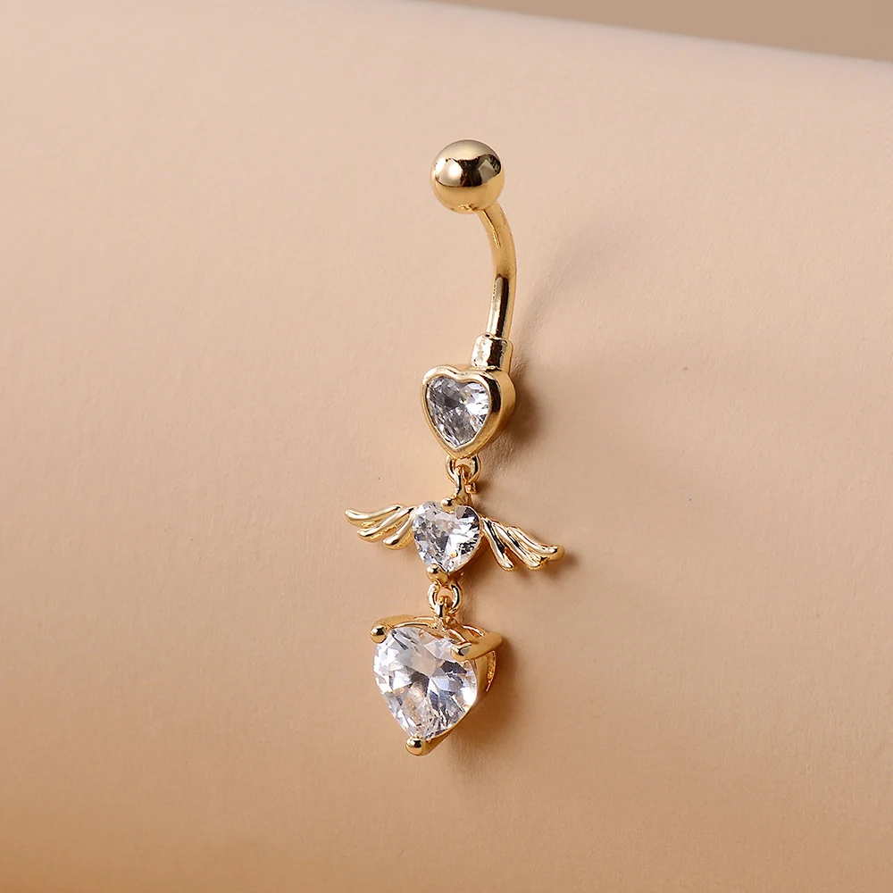 KUNIU 1pc Cute Fashion Angel Wings Heart Shape Zircon Belly Ring Women\'s Fit Piercing Body Jewelry