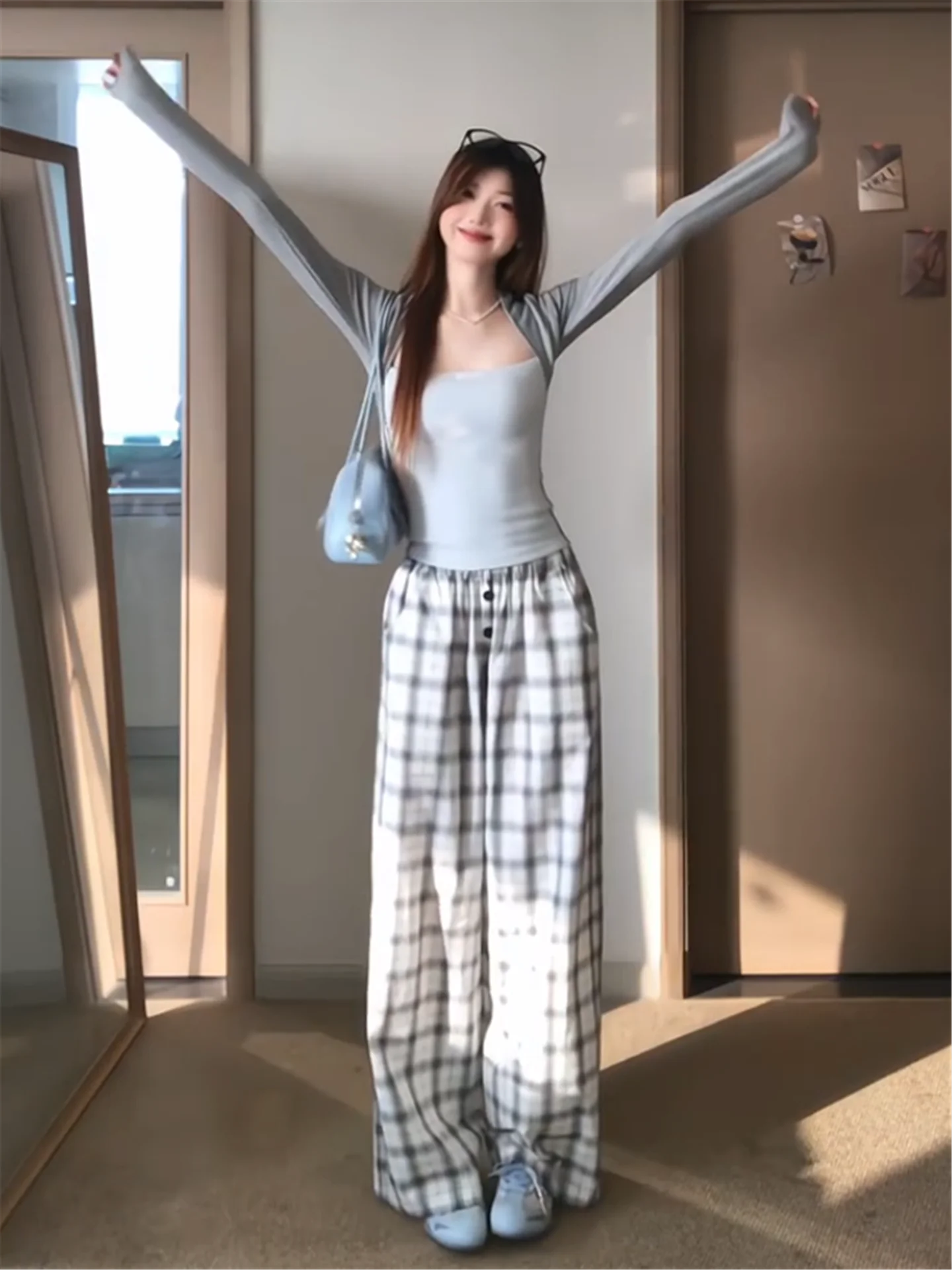 

Tall Women's Plaid Wide Leg Pants Summer Thin Loose Slimming Design Casual Floor-Length Cotton Straight Leg Trousers