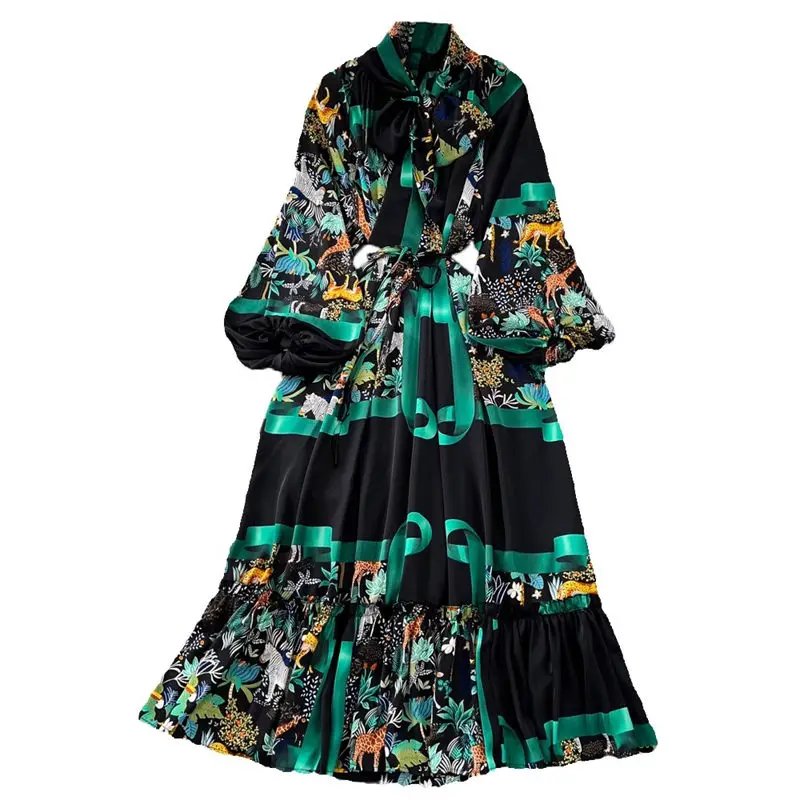 Light Mature Style Elegant Maxi Dress Women Retro Temperament Lantern Long Sleeve Bow Tie Waist Up A-Line Printed Dress Z2716