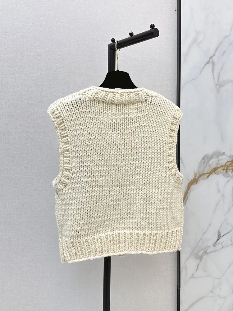Spring Autumn Fashion Floral Pattern Cashmere Weave Waistcoat Women's O-Neck Sleeveless Single Breasted Straight Barrel Cardigan
