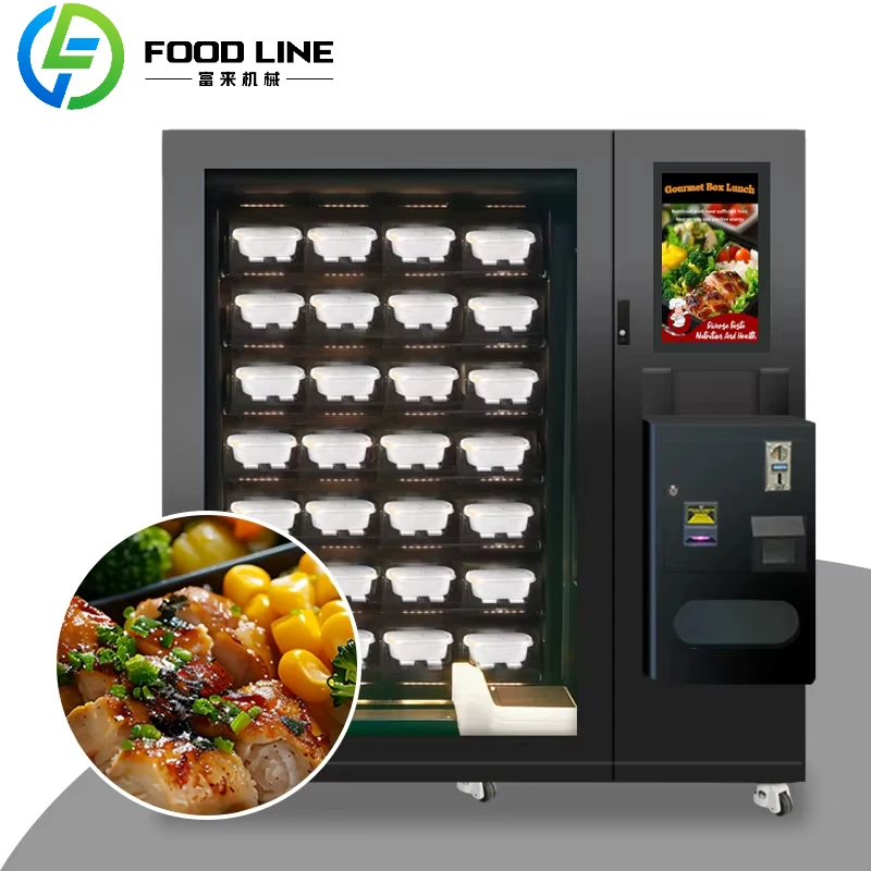 Kundenspezifischer automatischer Heißlebensmittelverkaufsautomat für Unternehmen. Professionelle Heißmehlenausgabegeräte mit Echtzeit-Heizsteuerung