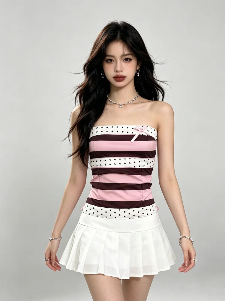 

Summer sweet girl storm point striped patchwork strapless top pure desire style slim fit and slimming short style, inner and out