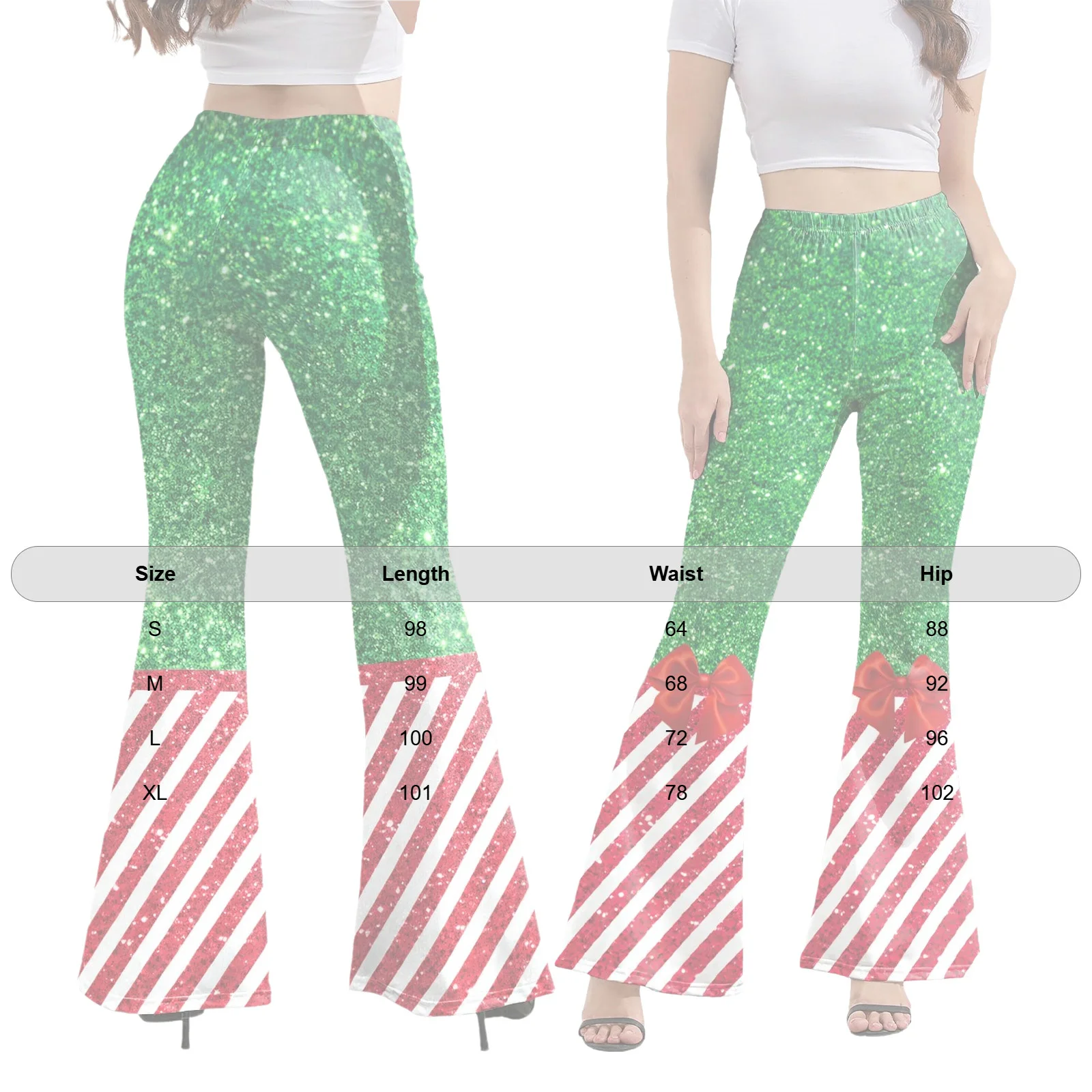 #S-XL Women Christmas Striped Flared Pants High Waist Elastic Waistband Bell-bottom Trousers for Holiday Celebration Party