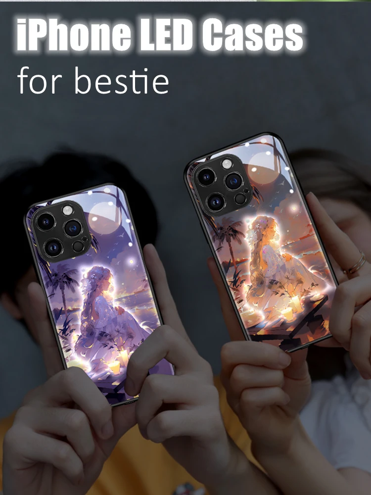 

Girls Bestie LED Light Glowing Luminous Tempered Glass Phone Case for iPhone 11 12 13 14 15 X Xs Xr Mini Pro Max Plus Cover