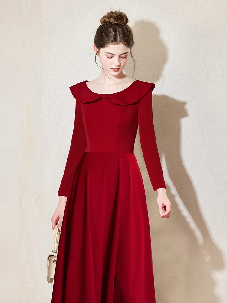 

Ele Red Long Sve Wedding Dr Casual Autumn Winter Bridal Gown Hepburn Sle Floor Length Dr for Engagement And Re...
