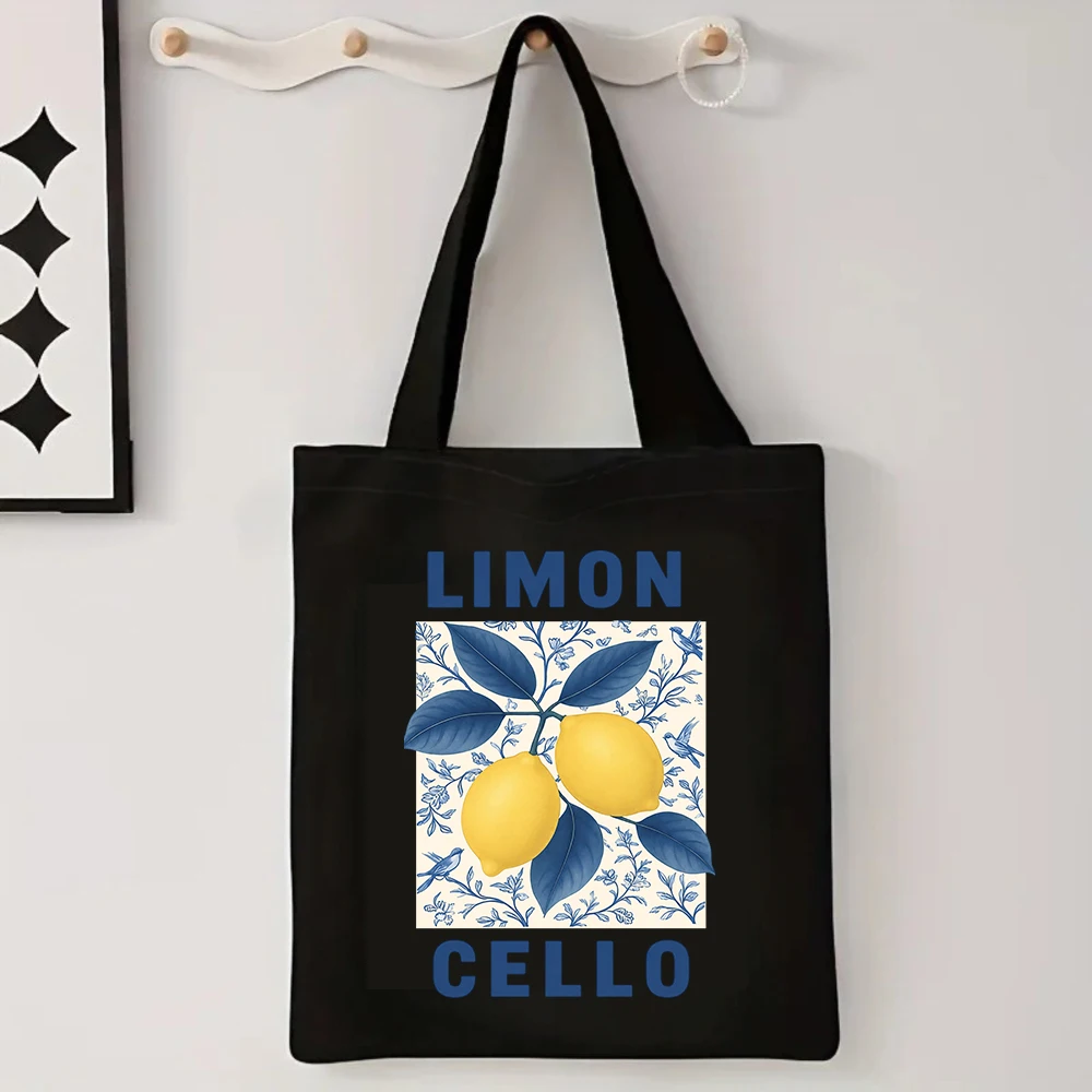 Italian Limoncello Canvas Tote Bag Mediterranean Lemon Blue Chinoiserie Handbag Aesthetic Beach Grocery Shopping Book Bag