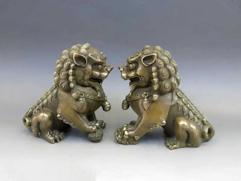 

Chinese Brass Copper Animal Feng Shui Foo Dog Lion Town House Statue Pair