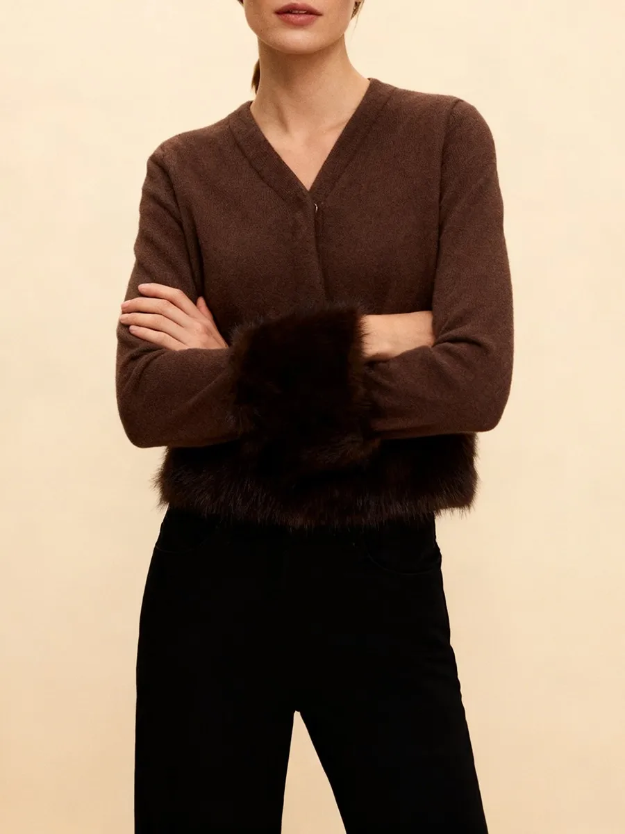 TWOTWINSTYLE مثير الصلبة تقسم الفراء تريكو للنساء الخامس الرقبة طويلة الأكمام Pathwork زر سترة قصيرة الإناث الشتاء نمط جديد #3