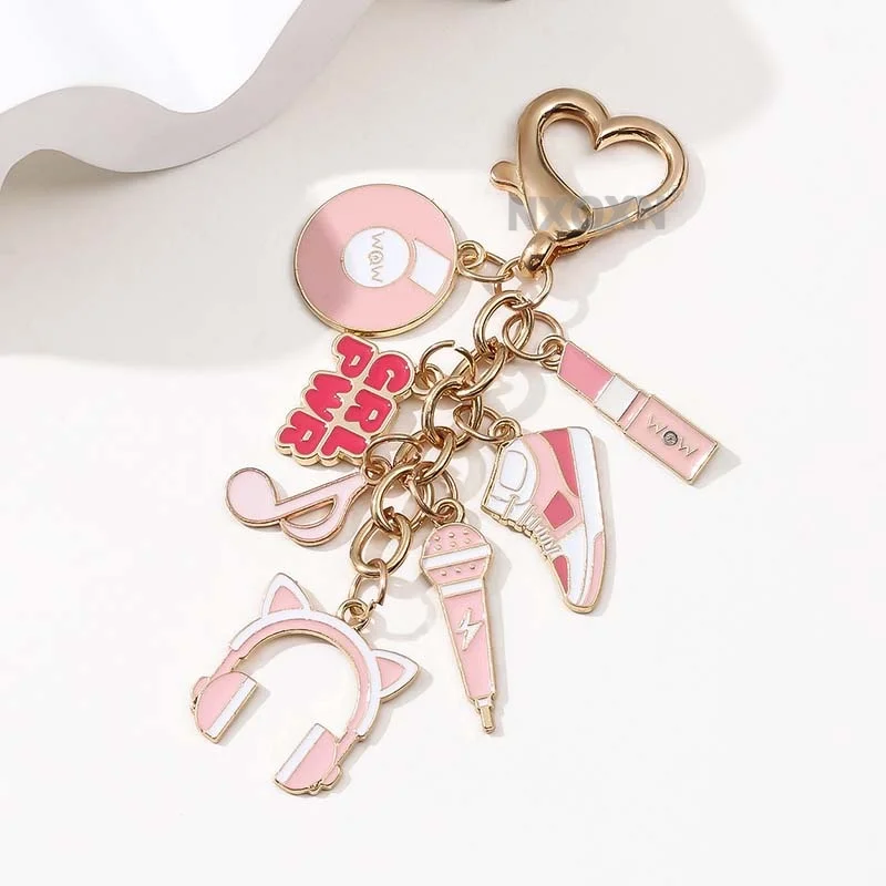 1pc Pink Cute Headphones Shoes Musical Notes Microphone Enamel Keychain Lovely Girl Power Key Ring For Friendship Gift Jewelry