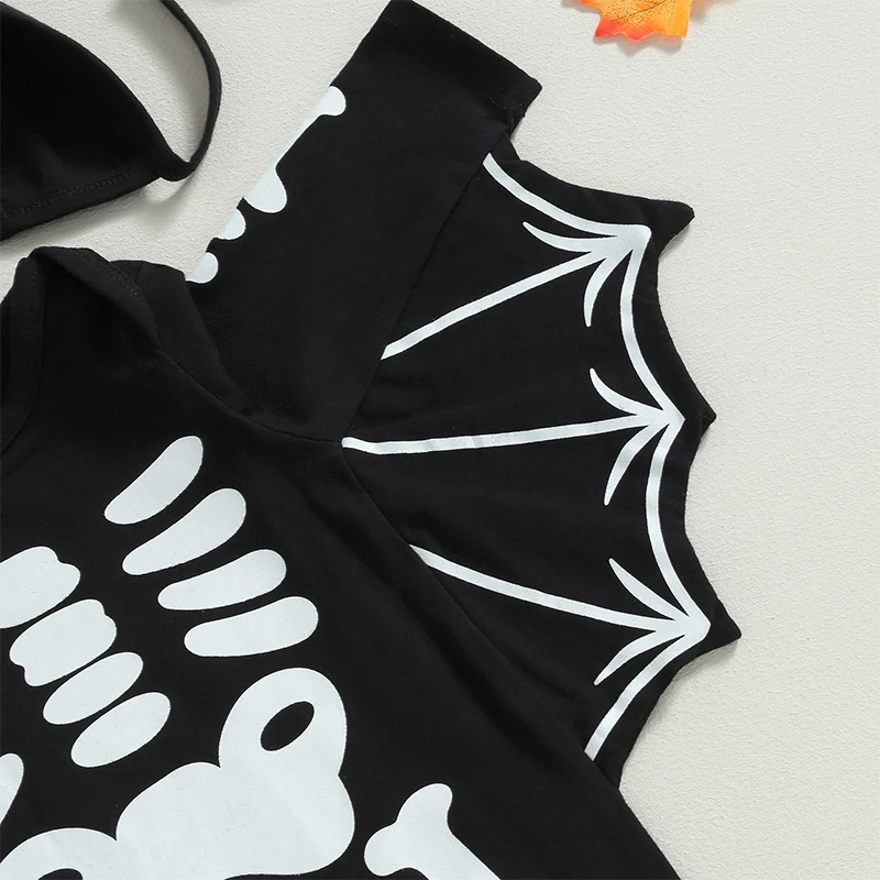 Baby Halloween Outfit Long Sleeve Crew Neck Skeleton Print Bat Jumpsuit with Hat for Girls Boys