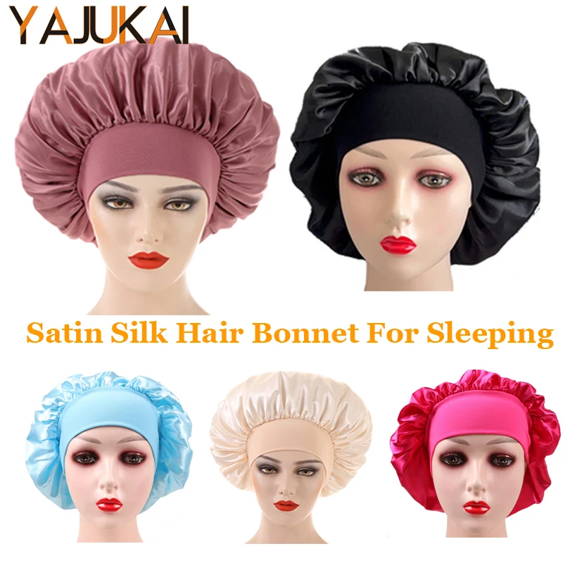 1Pcs Silk Bonnet For Curly Hair Beige Satin Bonnet Hair Hats For Sleeping Black Women Silk Sleep Cap Night Hair Wrap Head Cover