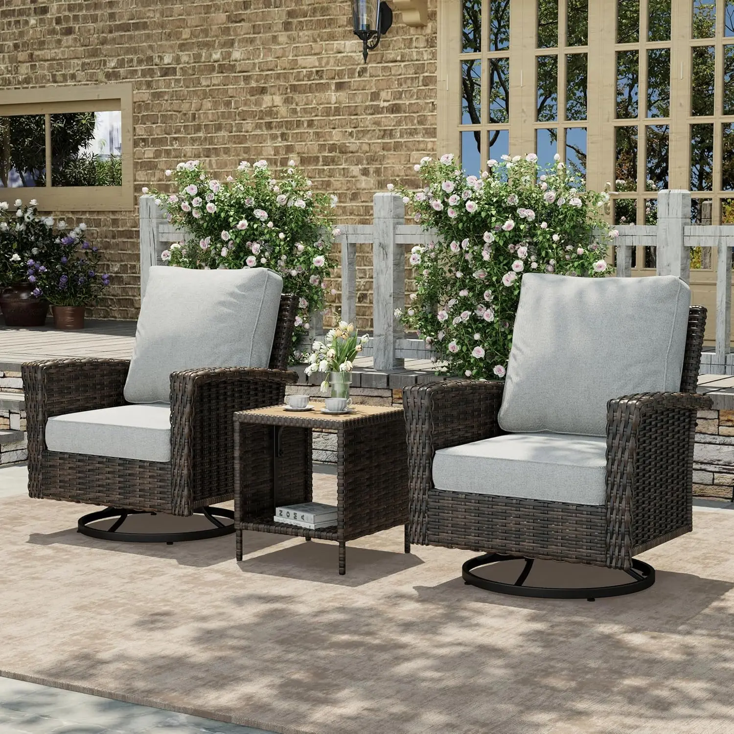 

3-Piece Outdoor Patio Furniture, High Back Swivel Chairs Set Of 2 With Rattan Table, Brown Wicker Conversation, Customized