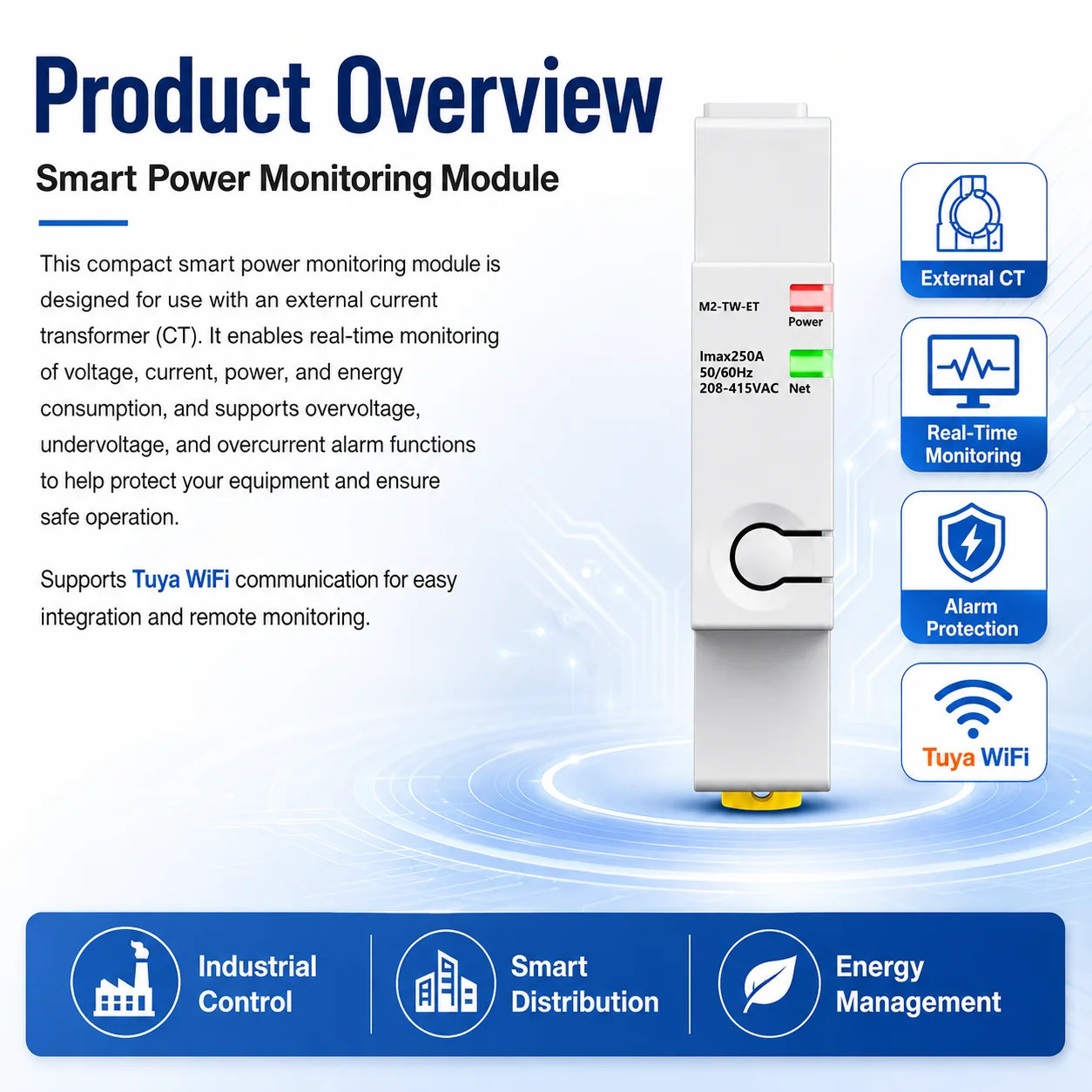 Tuya WIFI 100A Smart Three-Phase Power Monitoring Module for Intelligent Monitoring, Energy Metering, and Application Control