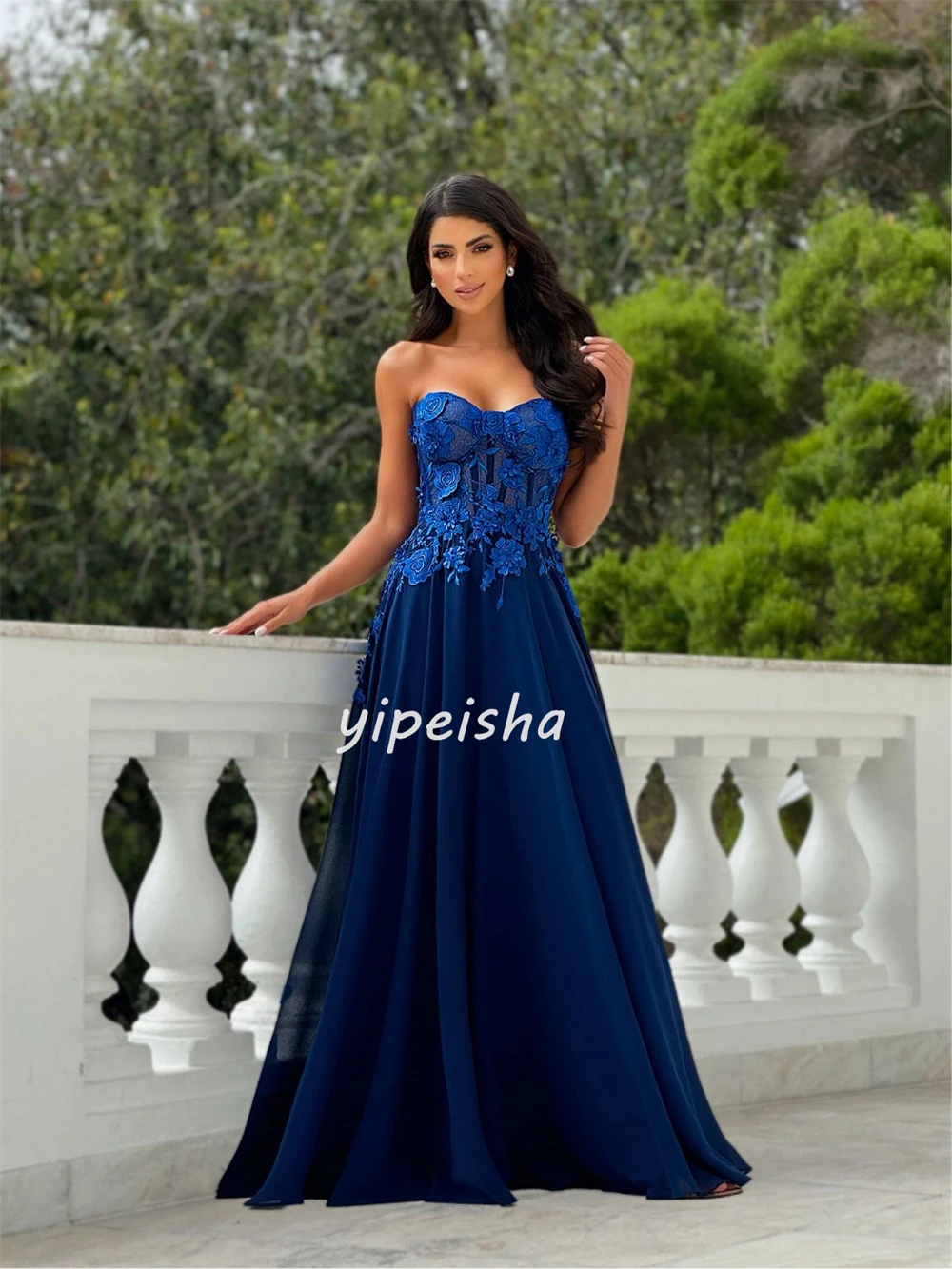 맞춤형 중국 스타일 복잡한 저지 아플리케 플리츠 A라인 스트랩리스 롱 드레스 맞춤형 행사 드레스 사이즈 가능