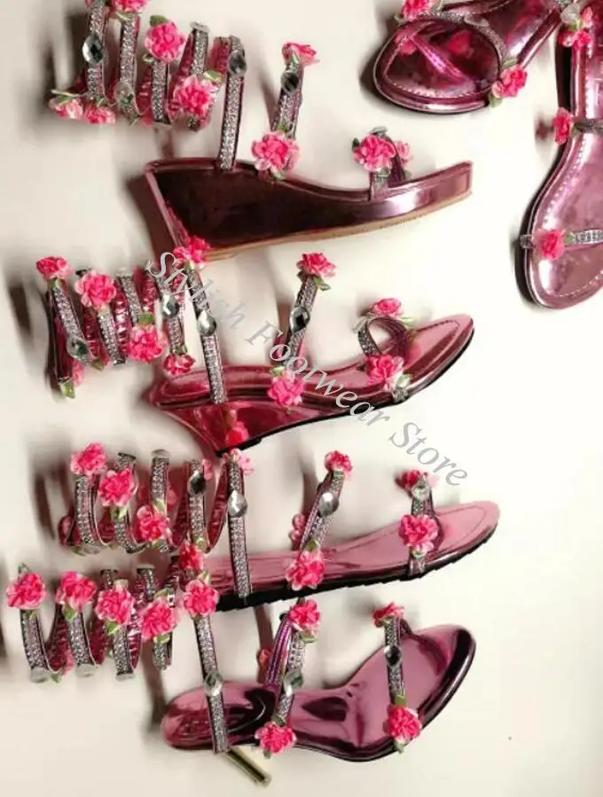 Romantic Pink Flower Crystal Embellish Strappy Leg Twine Coiled Sandals Boots Wedges High Heels Rhinestone Bridal Summer Botas view 4