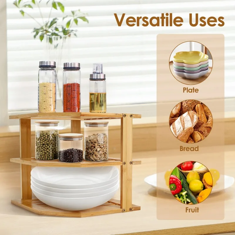 

3 Tier Cabinet Organizer Shelf for Kitchen Storage Sturdy Plate Organizer Bamboo Corner Shelf Dish Rack for Cabinet Countertop