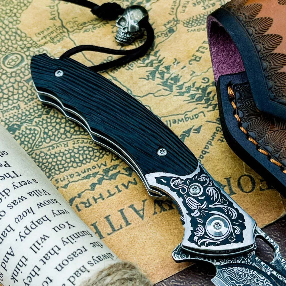 Acampamento ao ar livre caça faca de pesca urso preto dobrável lâmina de aço damasco ébano lidar com multi-função sobrevivência ferramentas edc