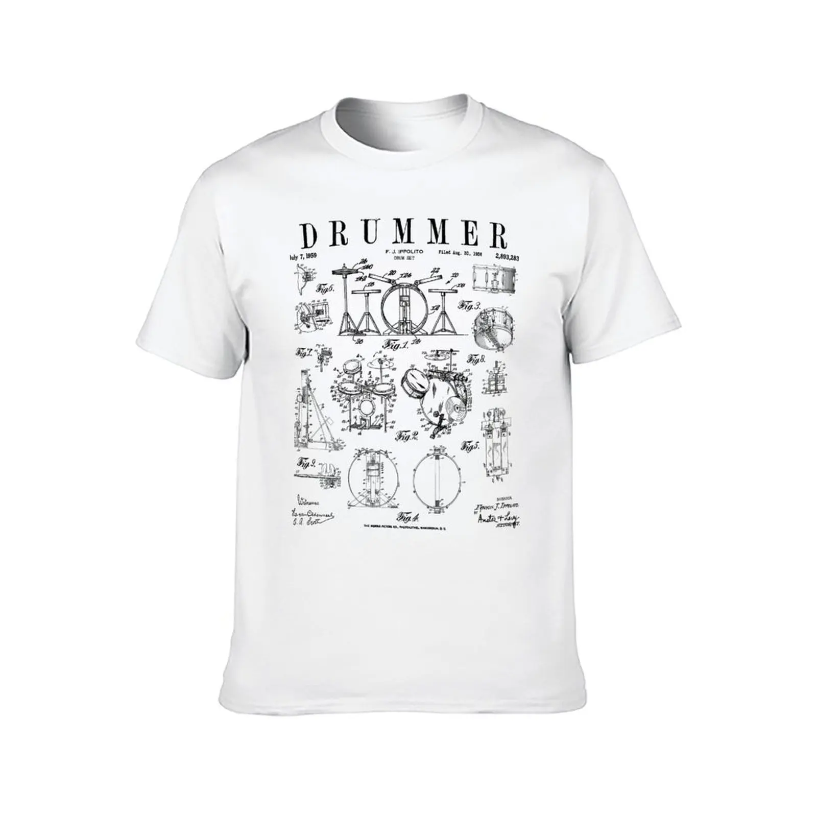 Drum Set Kit Vintage Patent Drummer Drawing Print T-Shirt cotton tshirt 100% t shirt personalised T-Shirt