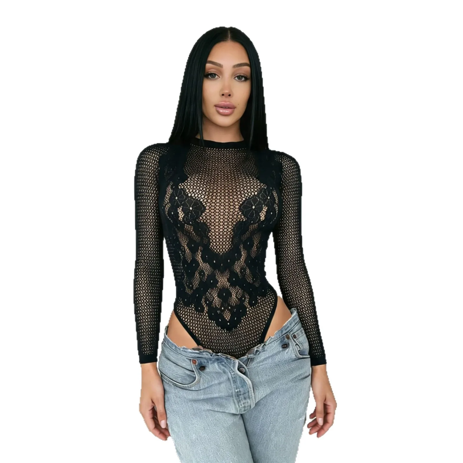 Women, Slim-fit Sexy Top With Hollow-out Design Women High Neck Lace Bodysuit, Mesh Slim Fit Bodycon Top Clubwear ICPW