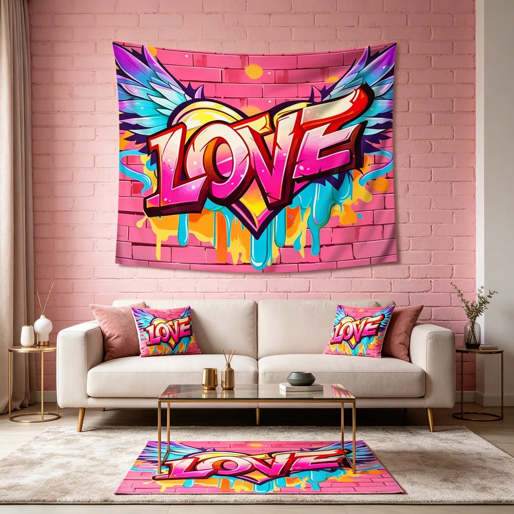 1PC Love Graffiti Wing Art Print Backdrop Banner, Bedroom Living Room Photo Background, Polyester, Home Decor, Wall Art