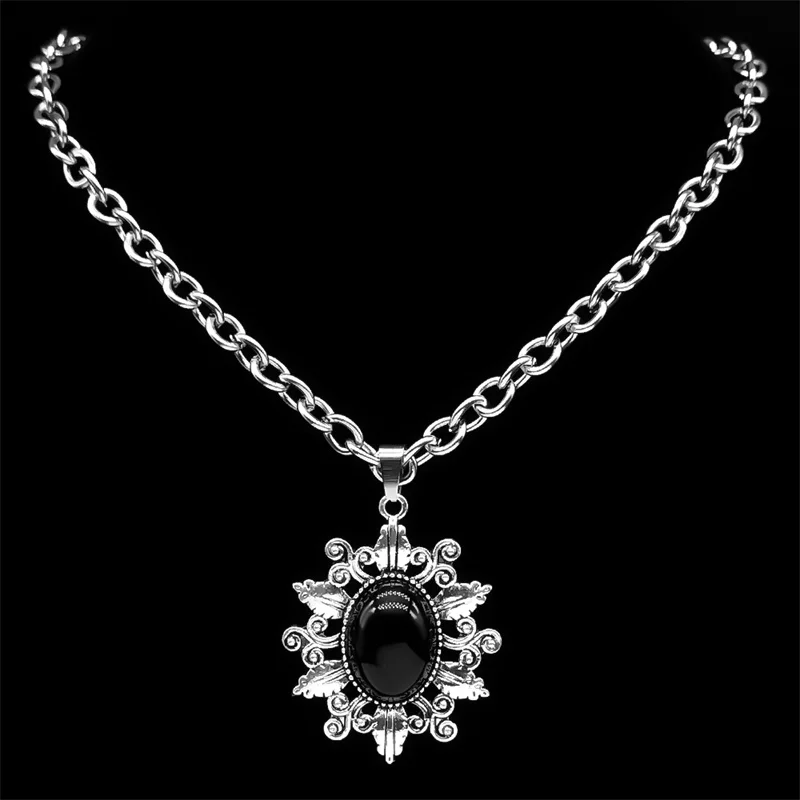 Vintage Carved Flower Pendant Necklace for Women Men Stainless Steel Silver Color Chain Gothic Necklaces Jewelry Gift NZZZ368-1